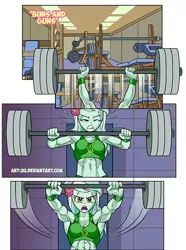 Size: 634x851 | Tagged: safe, artist:art-2u, derpibooru import, lyra heartstrings, comic:buns and guns, equestria girls, abs, armpits, bench press, comic, female, gym, lyra hamstrings, muscles, muscular female, weight lifting, workout