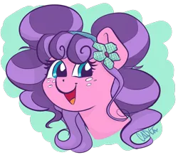Size: 2475x2160 | Tagged: safe, artist:cadetredshirt, derpibooru import, petunia petals, earth pony, pony, rainbow roadtrip, bust, female, freckles, headband, looking at you, mare, open mouth, smiling, solo, two toned mane
