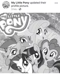 Size: 640x787 | Tagged: safe, derpibooru import, official, applejack, fluttershy, pinkie pie, rainbow dash, rarity, twilight sparkle, twilight sparkle (alicorn), alicorn, earth pony, pegasus, pony, unicorn, rainbow roadtrip, facebook, monochrome, my little pony, my little pony logo