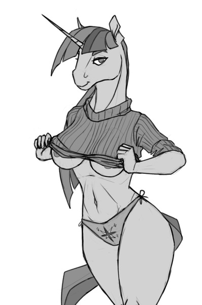 Size: 664x1000 | Tagged: anthro, areola, areola slip, artist:akweer, breasts, busty twilight sparkle, clothes, cutie mark underwear, derpibooru import, lidded eyes, looking at you, monochrome, nipples, nudity, panties, partial nudity, questionable, shirt, shirt lift, simple background, sketch, sweater, twilight sparkle, underboob, underwear, white background