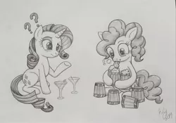 Size: 2627x1840 | Tagged: safe, artist:kalyandra, derpibooru import, pinkie pie, rarity, earth pony, pony, unicorn, alcohol, cider, drunk, drunk bubbles, drunk rarity, drunkie pie, question mark, traditional art