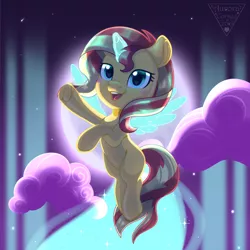 Size: 1800x1800 | Tagged: safe, artist:auroracursed, derpibooru import, sunset shimmer, pony, unicorn, cloud, ethereal wings, flying, glowing horn, heart eyes, horn, moon, night, signature, sky, solo, wingding eyes, wings