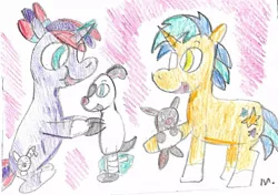 Size: 1126x793 | Tagged: safe, artist:ptitemouette, derpibooru import, oc, oc:magic spoon, oc:starry spice, dog, rabbit, unicorn, animal, brothers, male, parent:oc:chili pepper, parent:oc:harry trotter, parents:oc x oc, siblings, traditional art