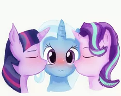 Size: 679x539 | Tagged: safe, artist:samyvillaly, derpibooru import, starlight glimmer, trixie, twilight sparkle, pony, female, kiss on the cheek, kiss sandwich, kissing, lesbian, ot3, polyamory, shipping, startrix, trixie gets all the mares, twixie, twixstar