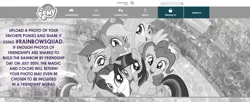 Size: 1920x780 | Tagged: safe, derpibooru import, official, applejack, fluttershy, pinkie pie, rainbow dash, rarity, twilight sparkle, twilight sparkle (alicorn), alicorn, earth pony, pegasus, pony, unicorn, rainbow roadtrip, advertisement, grayscale, hug, mane six, monochrome, my little pony logo