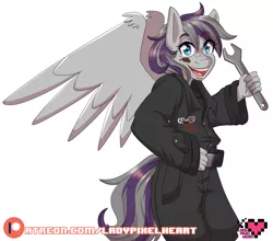 Size: 3400x2989 | Tagged: anthro, artist:ladypixelheart, clothes, derpibooru import, oc, offspring shipping, oversized clothes, parent:oc:steelo, parents:canon x oc, parent:twilight velvet, patreon, patreon logo, pegasus, safe, smiling, solo, spread wings, unofficial characters only, wings, wrench