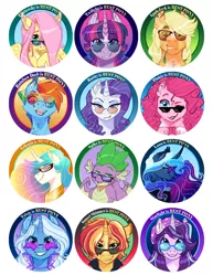 Size: 1600x2071 | Tagged: safe, artist:earthsong9405, deleted from derpibooru, derpibooru import, applejack, fluttershy, pinkie pie, princess celestia, princess luna, rainbow dash, rarity, spike, starlight glimmer, sunset shimmer, trixie, twilight sparkle, dragon, pony, alternate hairstyle, best pony, blaze (coat marking), bust, button, colored claws, curved horn, ethereal mane, female, hair over one eye, horn, lidded eyes, male, mane seven, mane six, mare, one eye closed, portrait, royal sisters, scar, short mane, star (coat marking), straw in mouth, sunglasses, winged spike