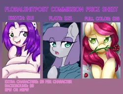 Size: 3800x2900 | Tagged: safe, artist:floralshitpost, derpibooru import, maud pie, roseluck, oc, oc:kyoponi, earth pony, pony, unicorn, advertisement, commission, commission info, female, flower, flower in mouth, heart eyes, mouth hold, rose, rose in mouth, wingding eyes