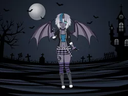 Size: 1600x1200 | Tagged: artist:kathara_khan, bat, belly button, bellyring, belt, boots, bracelet, choker, clothes, converse, cute, derpibooru import, devil horn (gesture), eyebrow piercing, female, fingerless gloves, gloves, grave, gravestone, graveyard, horn, horned humanization, human, humanized, humanized oc, jacket, kisekae, leather jacket, midriff, miniskirt, moon, oc, oc:elizabat stormfeather, one eye closed, piercing, pony coloring, safe, shoes, skirt, snake bites, sneakers, socks, solo, spiked choker, spiked wristband, sports bra, striped socks, tattoo, thigh highs, thighs, unofficial characters only, winged humanization, wings, wink, wristband