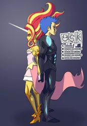 Size: 1207x1749 | Tagged: safe, artist:oldskullkid, derpibooru import, flash sentry, sunset shimmer, equestria girls, armor, back to back, commission, dark samus, daydream shimmer, fanfic art, female, flashimmer, hand, holding hands, male, metroid, metroid prime, phazon, shipping, straight