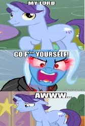 Size: 355x527 | Tagged: alicorn amulet, angry, cape, caption, clothes, comic, derpibooru import, edit, edited screencap, emperor palpatine, friendship student, image macro, magic duel, meme, november rain, robot chicken, safe, screencap, screencap comic, student counsel, text, trixie, trixie yells at everything, vulgar