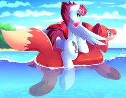 Size: 3441x2681 | Tagged: suggestive, artist:airiniblock, derpibooru import, oc, oc:swift apex, unofficial characters only, pony, commission, dock, featureless crotch, female, floaty, inflatable, inflatable toy, looking at you, looking back, looking back at you, pool toy, rcf community, rule 63, water, water wings