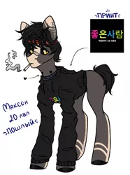 Size: 811x1092 | Tagged: safe, artist:hellishprogrammer, derpibooru import, oc, oc:max, ponified, unofficial characters only, earth pony, pony, bandaid, black sclera, blank flank, cigarette, clothes, colored sclera, cyrillic, ear piercing, earring, headband, heart, hoodie, jewelry, male, markings, piercing, ponysona, russian, shirt, simple background, smoke, smoking, solo, stallion, t-shirt, tattoo, white background