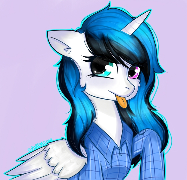 Size: 1869x1805 | Tagged: safe, artist:spurfmeow, derpibooru import, oc, unofficial characters only, alicorn, pony, :p, alicorn oc, bust, clothes, female, heterochromia, horn, mare, plaid shirt, raised hoof, shirt, simple background, solo, tongue out, wings