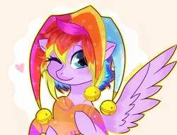 Size: 1860x1417 | Tagged: safe, artist:spurfmeow, derpibooru import, oc, unofficial characters only, pegasus, pony, bust, female, floating heart, hat, heart, jester hat, mare, multicolored hair, one eye closed, portrait, rainbow hair, simple background, smiling, solo, spread wings, wings, wink