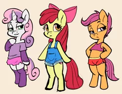 Size: 1088x845 | Tagged: safe, artist:soulcentinel, derpibooru import, apple bloom, scootaloo, sweetie belle, earth pony, pegasus, semi-anthro, unicorn, bipedal, bow, clothes, cute, cutie mark, cutie mark crusaders, digital art, ear fluff, female, filly, foal, lidded eyes, midriff, miniskirt, off shoulder, overalls, shorts, skirt, socks, sports bra, sports shorts, stockings, the cmc's cutie marks, thigh highs, trio