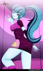 Size: 668x1106 | Tagged: safe, artist:clouddg, derpibooru import, sonata dusk, equestria girls, equestria girls series, find the magic, spoiler:eqg series (season 2), ass, breasts, busty sonata dusk, butt, clothes, female, legs, lipstick, looking at you, looking back, looking back at you, ponytail, signature, smiling, solo, sonata donk, taco dress, thighs