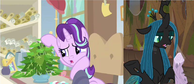 Size: 2264x988 | Tagged: safe, derpibooru import, edit, edited screencap, screencap, mean twilight sparkle, phyllis, queen chrysalis, starlight glimmer, changeling, changeling queen, pony, unicorn, a horse shoe-in, frenemies (episode), comparison, dead, female, log, mean twilight log, plant, starlight's office, twilog, wood