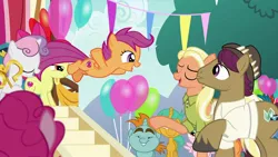 Size: 1920x1080 | Tagged: safe, derpibooru import, screencap, apple bloom, mane allgood, pinkie pie, scootaloo, snails, snap shutter, snips, sweetie belle, tulip swirl, earth pony, pegasus, pony, unicorn, the last crusade, balloon, clothes, colt, cutie mark, cutie mark crusaders, faic, falling with style, female, filly, foal, hat, male, mare, mid-blink screencap, scootaloo's parents, shirt, stallion, the cmc's cutie marks