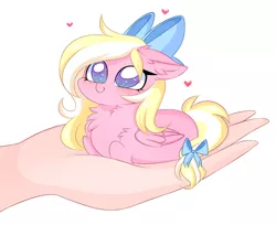 Size: 2988x2433 | Tagged: safe, artist:pesty_skillengton, derpibooru import, oc, oc:bay breeze, unofficial characters only, pegasus, pony, blushing, bow, chest fluff, cute, daaaaaaaaaaaw, ear fluff, female, hair bow, hand, heart, heart eyes, holding a pony, in goliath's palm, looking at you, looking up, looking up at you, mare, ocbetes, simple background, smol, solo, tail bow, white background, wingding eyes