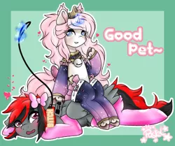 Size: 4000x3346 | Tagged: suggestive, artist:pastel-pony-princess, derpibooru import, oc, oc:cookie dough, oc:serendypity, pegasus, pony, unicorn, alternate design, arm warmers, bell, blushing, cat bell, clothes, collar, crown, female, femdom, floating heart, heart, jewelry, latex, latex socks, leash, leg warmers, magic, oc x oc, regalia, shipping, sissy, sissyfication, sitting on, socks, telekinesis, text, unshorn fetlocks