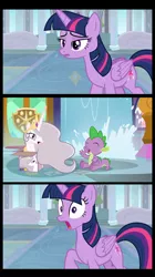 Size: 640x1140 | Tagged: suggestive, artist:up1ter, derpibooru import, edit, edited screencap, editor:night song, screencap, princess celestia, spike, twilight sparkle, twilight sparkle (alicorn), alicorn, dragon, pony, princess molestia, the point of no return, blowup doll, box, comic, eyes closed, female, horn, jewelry, male, mare, open mouth, raised hoof, regalia, school of friendship, screencap comic, sex doll, sex toy, sitting, tiara, winged spike