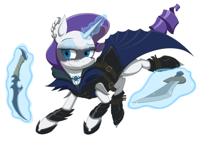 Size: 3000x2125 | Tagged: safe, artist:janji009, derpibooru import, part of a set, rarity, pony, unicorn, assassin, card game, clothes, crossover, dimir, fantasy class, female, hooves, horn, levitation, magic, magic aura, magic the gathering, mare, part of a series, ravnica, simple background, solo, sword, telekinesis, transparent background, weapon