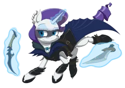 Size: 3000x2125 | Tagged: safe, artist:janji009, derpibooru import, part of a set, rarity, pony, unicorn, assassin, card game, clothes, crossover, dimir, fantasy class, female, hooves, horn, levitation, magic, magic aura, magic the gathering, mare, part of a series, ravnica, simple background, solo, sword, telekinesis, transparent background, weapon