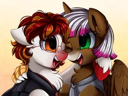 Size: 2379x1783 | Tagged: safe, artist:pridark, derpibooru import, oc, oc:aiya, oc:damien runner, unofficial characters only, hippogriff, hybrid, pony, bust, chest fluff, claw, commission, female, horn, male, one eye closed, pals, portrait, wings