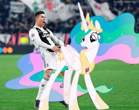 Size: 480x379 | Tagged: source needed, useless source url, questionable, derpibooru import, edit, princess celestia, alicorn, human, pony, cristiano ronaldo, cursed image, female, hooves, horn, implied human on pony action, implied interspecies, irl, irl human, italy, jewelry, juventus, mare, open mouth, photo, regalia, solo, surprise buttsex, tiara, wat, why, wings