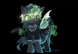 Size: 1280x896 | Tagged: safe, artist:swaybat, derpibooru import, oc, oc:weiba, changeling, pony, black background, clothes, female, glowing horn, gun, handgun, horn, levitation, looking at you, magic, maid, mare, pistol, simple background, solo, telekinesis, weapon