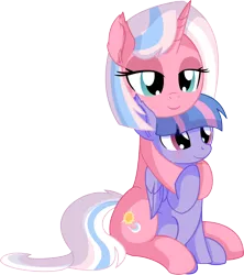 Size: 6684x7517 | Tagged: safe, artist:cyanlightning, derpibooru import, clear sky, wind sprint, pegasus, pony, unicorn, common ground, .svg available, absurd resolution, blushing, clothes, cute, duo, ear fluff, female, filly, folded wings, hug, lidded eyes, like mother like daughter, mare, mother and child, mother and daughter, scarf, simple background, smiling, transparent background, vector, wings