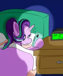 Size: 1500x1800 | Tagged: safe, artist:notadeliciouspotato, derpibooru import, starlight glimmer, pony, unicorn, alarm clock, bed, blanket, clock, female, mare, mobile phone, night, nightstand, phone, pillow, smartphone, solo, tired