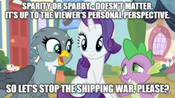 Size: 888x499 | Tagged: safe, derpibooru import, edit, edited screencap, screencap, gabby, rarity, spike, dragon, gryphon, pony, unicorn, dragon dropped, caption, female, image macro, love and tolerance, male, meme, opinion, perspective, shipping, shipping war, spabby, sparity, spike gets all the mares, straight, text, text edit, winged spike