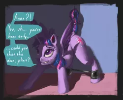 Size: 804x657 | Tagged: suggestive, alternate version, artist:eqlipse, derpibooru import, twilight sparkle, twilight sparkle (alicorn), alicorn, pony, bondage, bound, caught, dock, embarrassed, female, funny, mare, painterly, self bondage, solo, speech bubble, spreader bar, tail holder