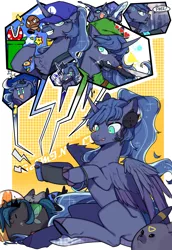 Size: 2031x2952 | Tagged: safe, artist:snowillusory, derpibooru import, nightmare moon, princess luna, queen chrysalis, alicorn, android, changeling, changeling queen, dog, inkling, pony, robot, umbreon, gamer luna, abstract background, alternate hairstyle, beard, blanket, chest fluff, chubbie, clothes, controller, crescent moon, detroit: become human, facial hair, fangs, female, fire flower, goomba, headset, heart, inkling girl, joycon, kirby, knife, link, moon, mouth hold, nightmare luna, nintendo switch, pillow, piranha plant, plushie, pokémon, smiling, solo, sonic the hedgehog, sonic the hedgehog (series), speech, splatoon, stars, super mario bros., superstar, talking, the legend of zelda, tongue out, triforce, video, waluigi