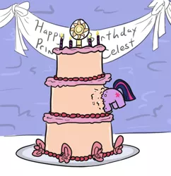 Size: 552x570 | Tagged: safe, artist:jargon scott, derpibooru import, twilight sparkle, unicorn, banner, birthday cake, cake, candle, eating, everything is ruined, female, food, happy birthday, mare, mispelled names, solo, this will end in weight gain, twiggie, twiggy piggy, we couldn't fit it all in, welcome princess celest