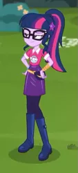 Size: 267x592 | Tagged: safe, derpibooru import, screencap, sci-twi, twilight sparkle, equestria girls, equestria girls series, the road less scheduled, the road less scheduled: microchips, spoiler:choose your own ending (season 2), spoiler:eqg series (season 2), boots, clothes, cropped, geode of telekinesis, glasses, magical geodes, pantyhose, ponytail, shoes, skirt, smiling, solo