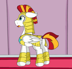Size: 1000x947 | Tagged: safe, artist:cuddlelamb, derpibooru import, oc, oc:cuddlelamb, unofficial characters only, pegasus, pony, animated, apron, armor, blushing, clothes, cute, dress, female, floppy ears, gif, image, maid, male, male to female, mare, open mouth, royal guard, rule 63, rule63betes, shoes, socks, solo, stallion, tongue out, transformation, transforming clothes, transgender transformation