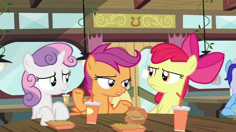 Size: 1280x720 | Tagged: safe, derpibooru import, screencap, apple bloom, minuette, scootaloo, sweetie belle, earth pony, pegasus, pony, unicorn, twilight time, burger, cutie mark crusaders, drink, female, filly, food, french fries, hay fries, looking at each other, restaurant, soda, straw, table, window