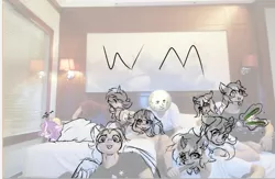 Size: 745x485 | Tagged: safe, artist:silver fox, derpibooru import, oc, human, pony, bed, china, china ponycon, chinese text, group, group photo, hotel, hotel room, irl, irl human, meme, monochrome, photo, sya's moon, wm club