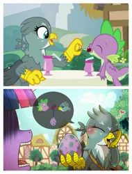 Size: 3106x4096 | Tagged: safe, artist:vavacung, derpibooru import, edit, edited screencap, screencap, gabby, spike, twilight sparkle, twilight sparkle (alicorn), alicorn, dragon, gryphon, dragon dropped, blushing, egg, female, heart, interspecies, male, shipping, spabby, straight, that escalated quickly, winged spike