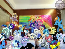 Size: 4608x3456 | Tagged: safe, artist:silver fox, derpibooru import, applejack, fluttershy, pinkie pie, rainbow dash, rarity, twilight sparkle, twilight sparkle (alicorn), oc, alicorn, earth pony, human, pegasus, pony, unicorn, bed, china, china ponycon, chinese text, ear fluff, female, flying, group, group photo, hotel, hotel room, irl, irl human, looking at you, male, mane six, mare, meme, one eye closed, open mouth, photo, scenery, smiling, stallion, sya's moon, wink, wm club