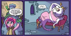 Size: 1954x1011 | Tagged: safe, artist:kate sherron, derpibooru import, idw, bulk biceps, pinkie pie, dragon, pony, spoiler:comic, spoiler:comic80, comic, couch, crossdressing, dragon tower, eyes closed, female, male, mare, official comic, speech bubble, stallion, tower