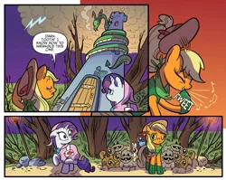 Size: 1936x1542 | Tagged: safe, artist:kate sherron, derpibooru import, idw, applejack, rarity, bird, dragon, earth pony, pony, rabbit, raccoon, serpent, squirrel, unicorn, spoiler:comic, spoiler:comic80, animal, bag, clothes, coils, comic, dragon tower, female, mare, official comic, one eye closed, saddle bag, speech bubble, tower, whistling