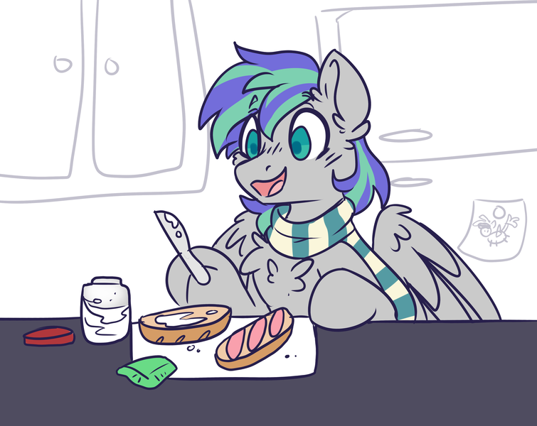 Size: 3329x2647 | Tagged: safe, artist:ruef, derpibooru import, oc, oc:storm feather, unofficial characters only, pegasus, pony, chest fluff, clothes, food, hoof hold, jar, male, open mouth, refrigerator, sandwich, scarf, smiling, solo, stallion