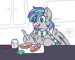 Size: 3329x2647 | Tagged: safe, artist:ruef, derpibooru import, oc, oc:storm feather, unofficial characters only, pegasus, pony, chest fluff, clothes, food, hoof hold, jar, male, open mouth, refrigerator, sandwich, scarf, smiling, solo, stallion