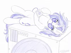 Size: 1024x768 | Tagged: safe, artist:novaintellus, derpibooru import, vinyl scratch, pony, unicorn, atg 2019, female, looking at you, mare, monochrome, newbie artist training grounds, on back, smiling, solo, speaker