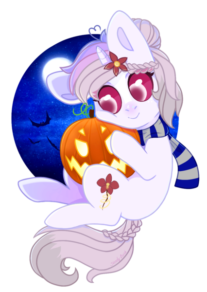 Size: 918x1294 | Tagged: safe, artist:shady-bush, derpibooru import, oc, oc:orchidea loitsu, pony, unicorn, chibi, clothes, female, halloween, holiday, jack-o-lantern, mare, pumpkin, scarf, simple background, solo, transparent background