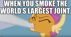 Size: 1229x642 | Tagged: 2 4 6 greaaat, caption, derpibooru import, drugs, drug use, edit, edited screencap, image macro, joint, marijuana, safe, screencap, smoke, smolder, text